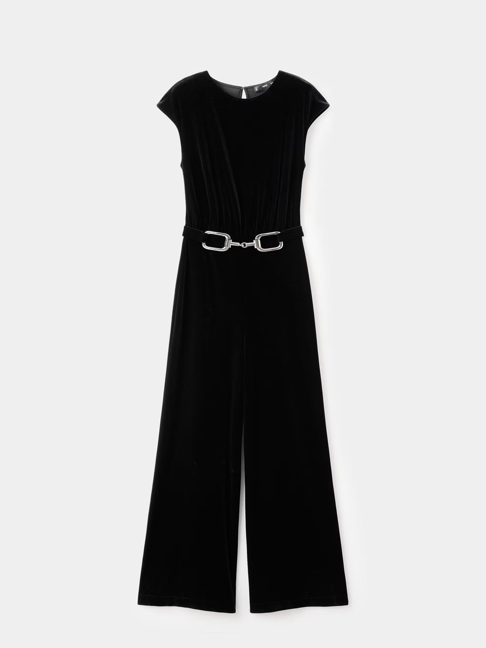 Mango Black Velvet Wide-Leg Jumpsuit with Silver Buckle Detail